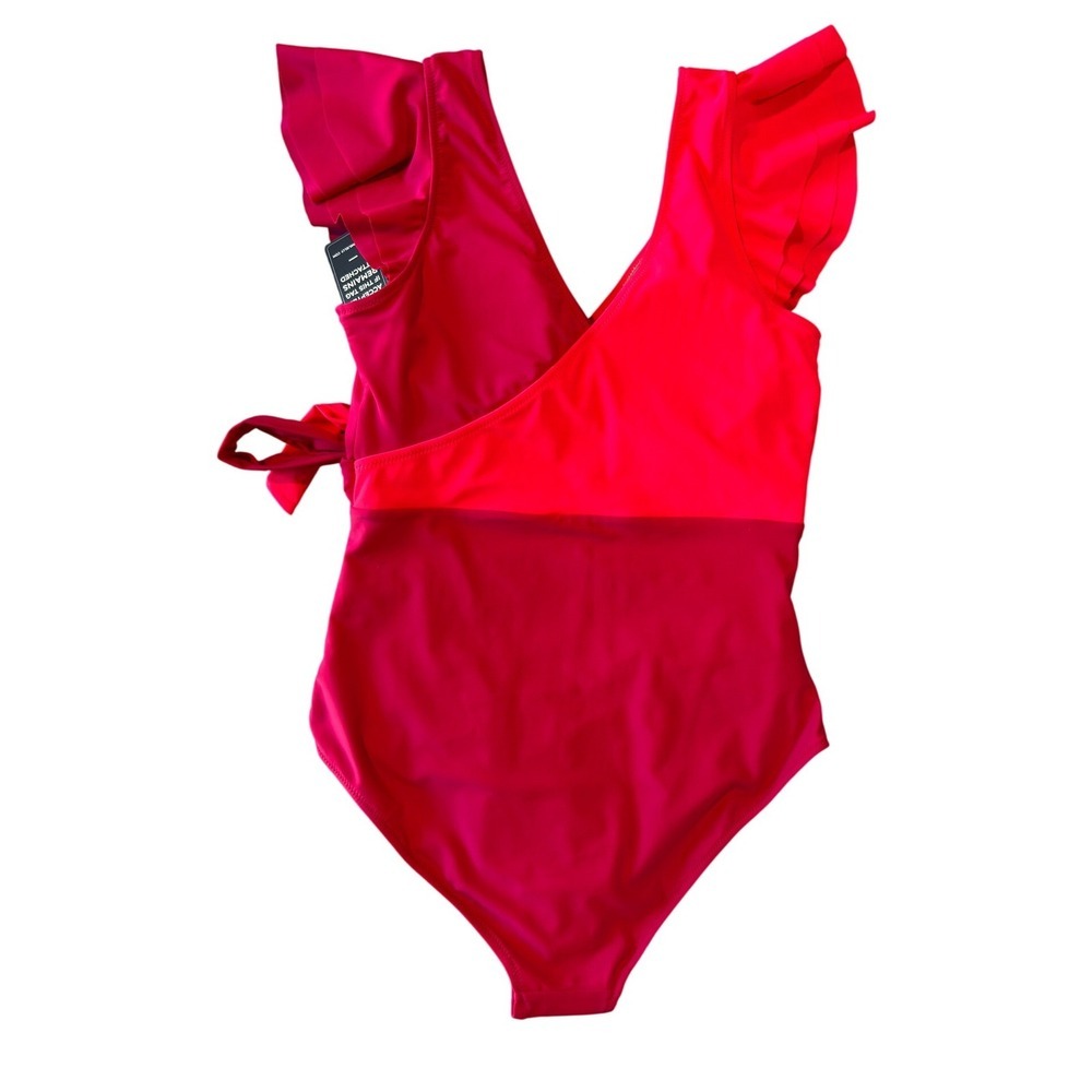 One‑Piece Swimsuit L NWT Hot Pink Flutter Sleeve Ruched Side Tie Tummy Control - Picture 3 of 8